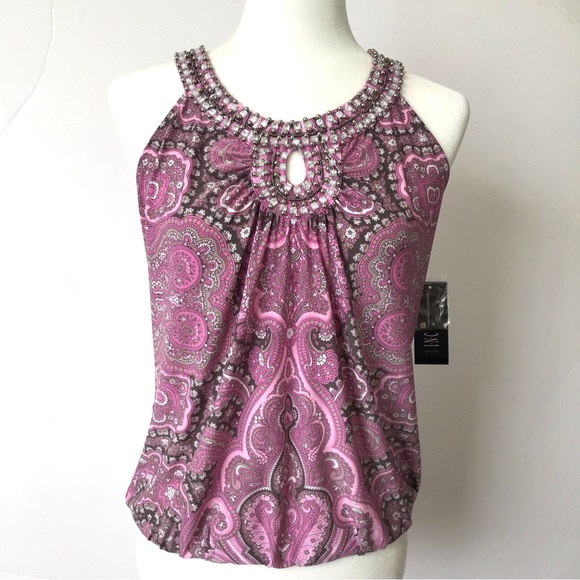 Macy’s INC Pink Paisley Sleeveless Crystal Studded Top Blouse - Picture 3 of 9